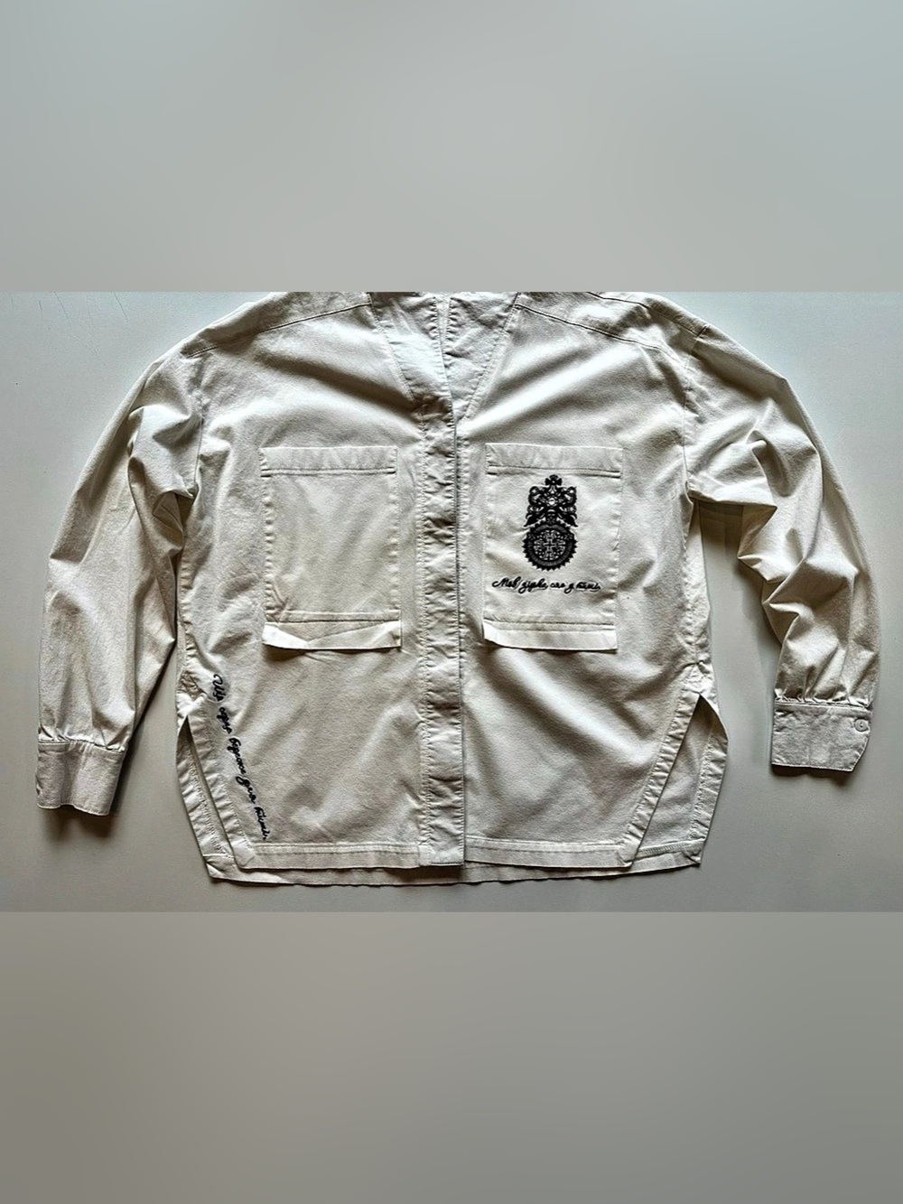 RicaMare White Embroidered Utility Shirt Jacket Oversized Cotton Blend